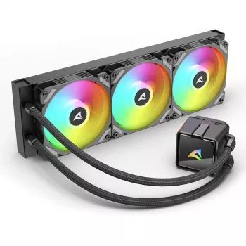 Šķidruma dzesēšanas sistēma Sharkoon S60 ARGB — 360 mm radiators, 3×120 mm PWM ventilatori, Melna