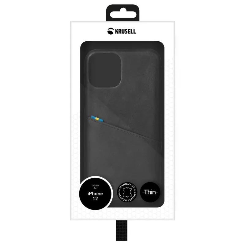 Krusell 62155 vāciņš iPhone 12 Mini – melns, ar kabatiņu kartei