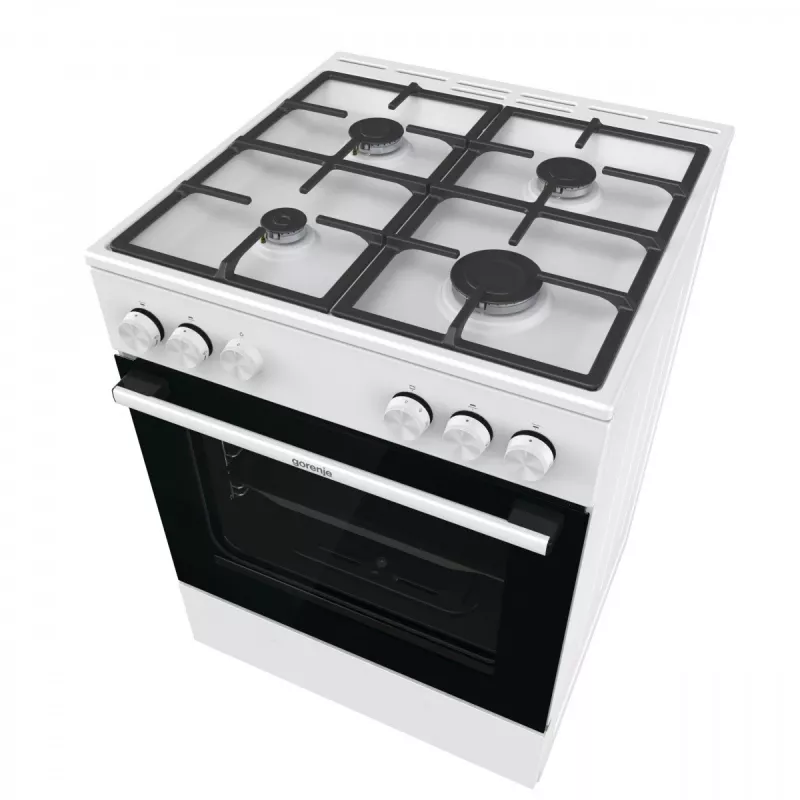 Brīvi stāvoša gāzes plīts Gorenje GG6A10WFFM, balta, 4 degļu virsma, 72 L gāzes cepeškrāsns, rotējošas priekšējās vadības