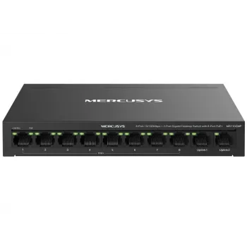 Tīkla slēdzis MERCUSYS MS110CMP — 8 portu PoE, 10 Gigabit RJ-45 porti kopā, 115W PoE budžets, darbvirsmas/pie sienas montējams, melns