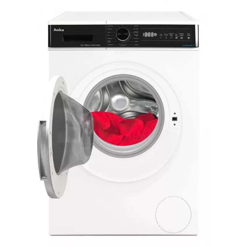 Brīvi stāvoša veļas mazgājamā mašīna AMICA WA3S712BLiSHB, 7 kg, 1200 RPM, 2100 W, LED displejs, Melnas durvis