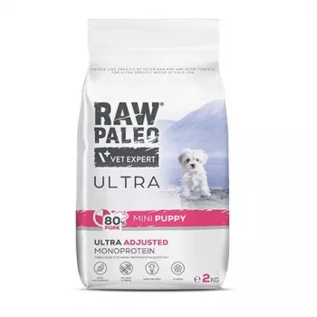 Sausā suņu barība VETEXPERT RAW PALEO Ultra Mini Puppy Pork 2 kg – pilnvērtīga barība rotaļu un mazo šķirņu kucēniem, 33% olbaltumvielas, 19% tauki