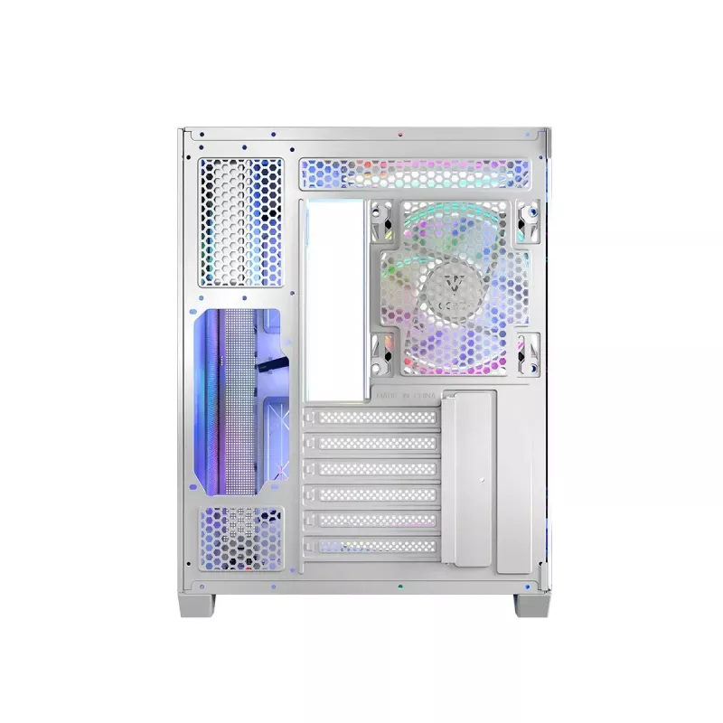 PC korpuss MODECOM Volcano Panorama Midi Tower balts — micro ATX, rūdīts stikls, ARGB, USB-C, atbalsta GPU līdz 400 mm