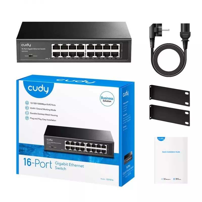Tīkla slēdzis Cudy GS1016 — 16 portu Gigabit Ethernet (10/100/1000), 32 Gbit/s komutācija, montējams statīvā, barošana no tīkla