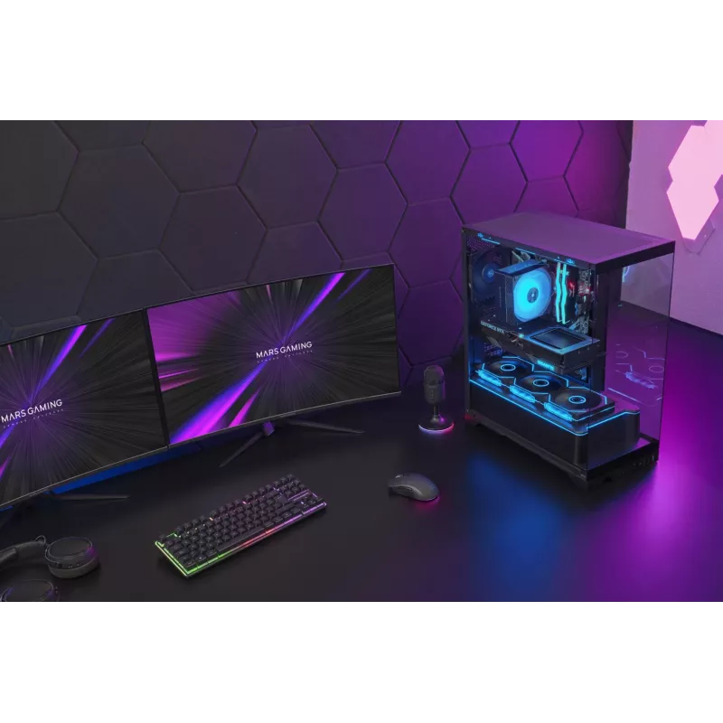 TACENS Mars Gaming MCPRISMA Midi Tornis PC korpuss, Melns, rūdīts stikls, atbalsta ATX/Micro-ATX/Mini-ITX, 2x3.5 collu + 2x2.5 collu sloti