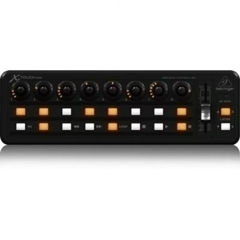 MIDI tastatūra USB Behringer X-TOUCH MINI, vadības elementi: pogas, rotējošie slīdņi, ripas