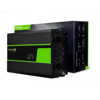 Automobiļa invertors Green Cell INV22 — 1500 W, 12 V līdzstrāva uz 230 V maiņstrāvu, 50 Hz, LED, aktīvā dzesēšana, melns
