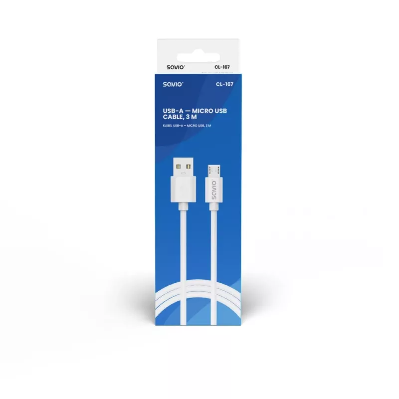 Savio USB 2.0 USB A - Micro USB balts CL-167 3 m kabelis