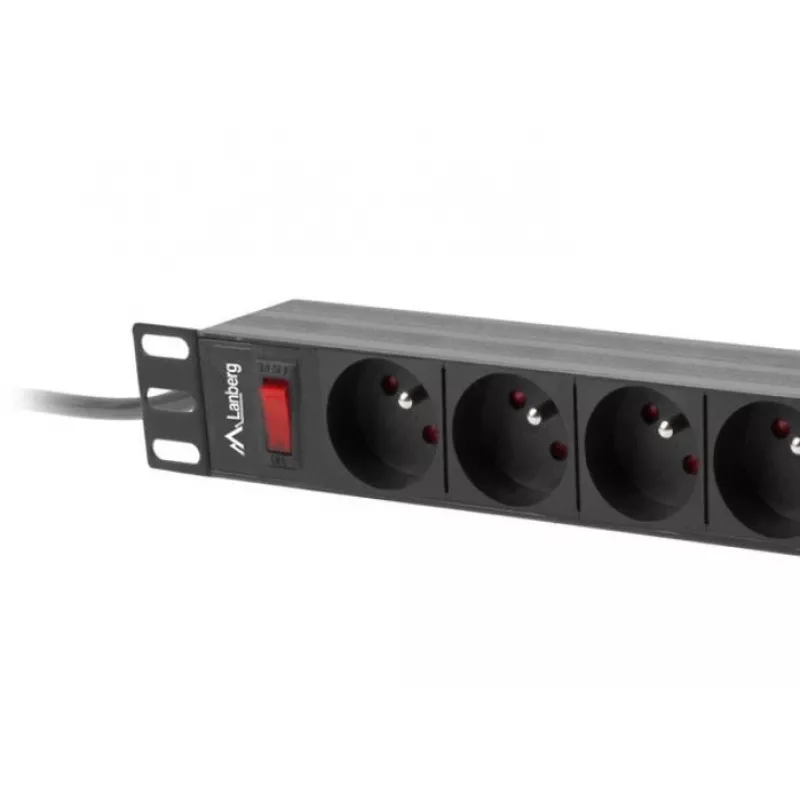 Strāvas sadales bloks LANBERG PDU-09E-0300-BK — 9x E tipa kontaktligzdas, 16 A, 220–250 V, 3 m kabelis, 1U, 19 collas