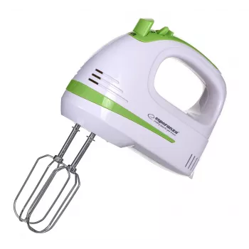 Rokas mikseris ESPERANZA EKM011 — 400 W, 5 ātrumi, turbo, mīklas āķi un putotāji, 220–240 V, balts/gaiši zaļš