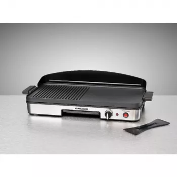 Elektriskais galda grils Rommelsbacher BBQ 2003 — 1900 W, 50×25 cm, rievots + Teppanyaki, regulējams termostats, sudrabs/melns