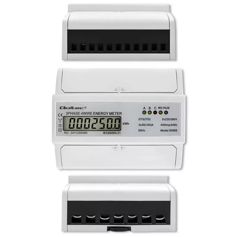 Qoltec Trīsfāžu Divvirzienu Elektroniskais Skaitītājs | DIN sliedes enerģijas patēriņa mērītājs | 400V | 100A | LCD | 4P