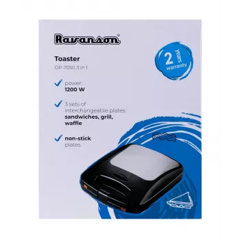 Vafeļu dzelzs Ravanson OP-7050, 1200 W, 4 vafeles, nepiedegošas plāksnes, horizontāla/vertikāla uzglabāšana