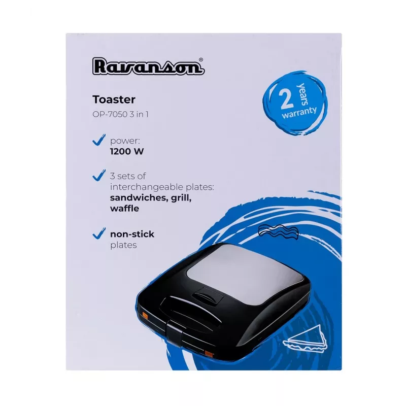 Ravanson OP-7050 sviestmaižu gatavotājs 3 vienā, 1200 W, melns/sudrabots