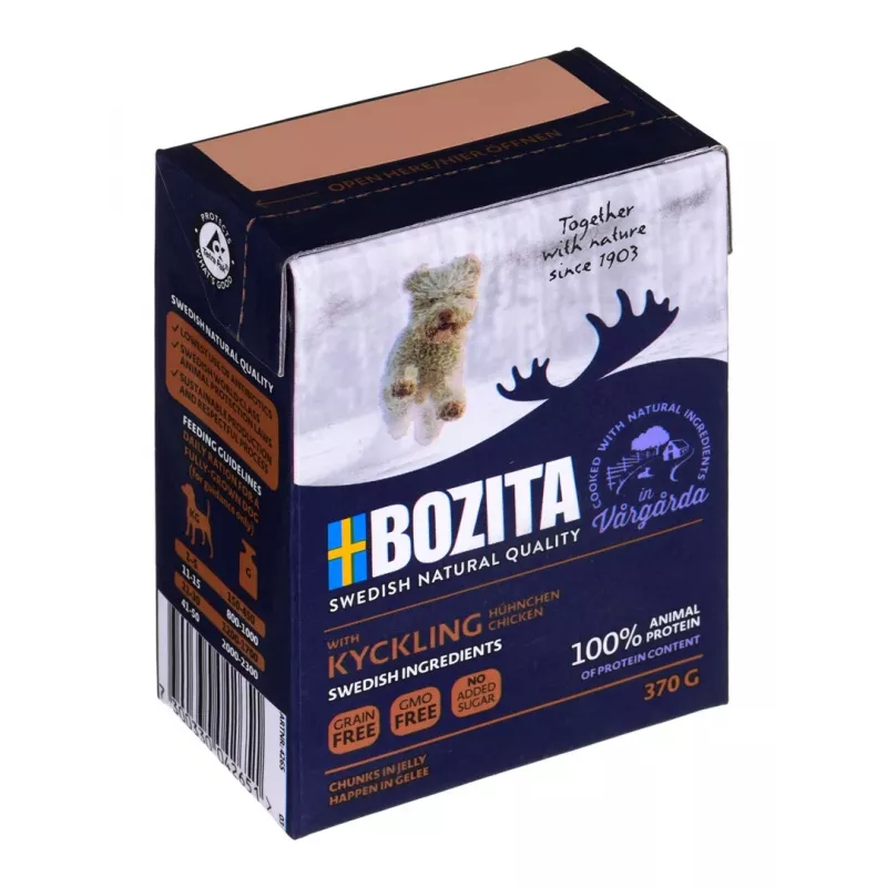 Slapjā suņu barība BOZITA WITH CHICKEN – Gabaliņi želejā, 370 g, pieaugušiem suņiem, bez graudiem un sojas