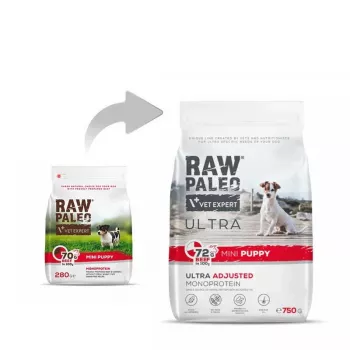 Sausā suņu barība VETEXPERT RAW PALEO Ultra Mini Puppy Beef 750 g – bezgraudu, olbaltumvielas 30.5%, tauki 16.5% mazām šķirnēm (5–10 kg)