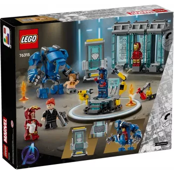 LEGO komplekts Marvel Dzelzs vīra laboratorija Bruņu zāle 76315 — 384 gabali, 5 minifigūras, izstādes zona