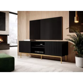 TV skapis Cama PAFOS uz zelta tērauda kājām 150x40x60 cm matēti melns, skaidu plātnes virsma