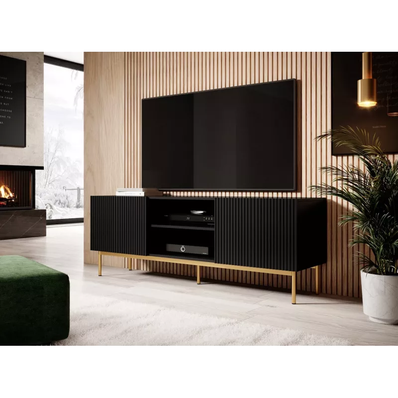TV skapis Cama PAFOS uz zelta tērauda kājām 150x40x60 cm matēti melns, skaidu plātnes virsma