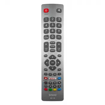 Universālā tālvadības pults SAVIO RC-19 Sharp televizoriem, 47 pogas, pelēka, 10 m darbības rādiuss, plastmasas korpuss