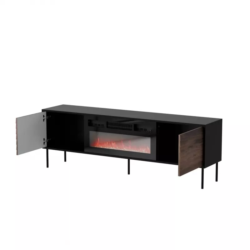 TV skapis Cama CORTINA 180x40x60 cm melns/valrieksts ar melnu elektrisko kamīnu