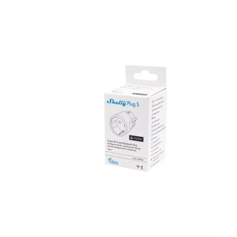 Viedā kontaktligzda Shelly Plug S Gen3 — Wi‑Fi viedais spraudnis ar enerģijas monitoringu, F tips, 110–230 V, 2500 W, balts