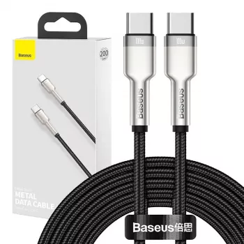 USB‑C uz USB‑C kabelis Baseus Cafule Metal — 2 m, 100W uzlāde, USB 2.0 (480 Mbps), cinkoti kontakti, melns