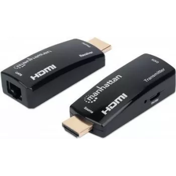 Manhattan 1080p@60Hz kompakts HDMI pār Ethernet pagarinātāja komplekts, signāla attālums līdz 60m ar vienu Cat6 Ethernet kabeli, raidītājs un uztvērējs iekļauts, barošana caur kabeli, īpaši plāns dizains, trīs gadu garantija, melns