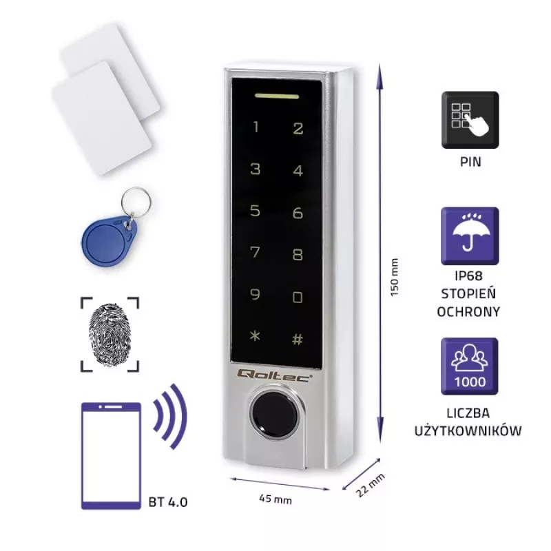 Qoltec 52448 Kodu slēdzene TITAN ar pirkstu nospiedumu lasītāju | RFID | BT 4.0 | Kods | Karte | Atslēgas piekariņš | Durvju zvans | IP68 | EM