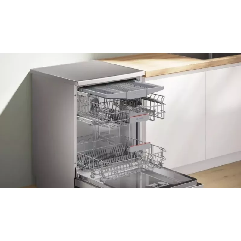 Brīvi stāvoša trauku mazgājamā mašīna Bosch SMS4EVI04E — 13 komplekti, 44–46 dB, Energoefektivitātes klase D, 60×60×84.5 cm