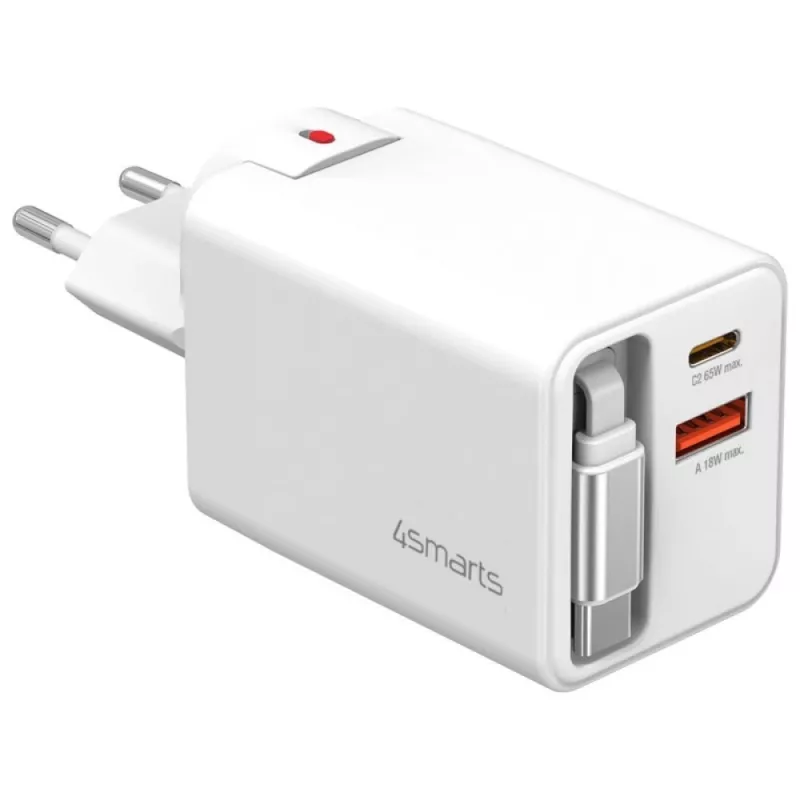 4smarts 541065 GaN Flex Jojo 65W tīkla lādētājs, 2x USB-C PD + USB-A QC 3.0, ievelkams USB-C vads, 100-240V, baltā krāsā