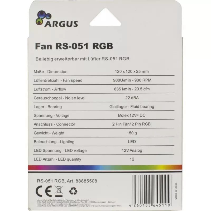 INTER-TECH Argus RS-051 RGB 120 mm korpusa ventilators, 900 apgr./min., melns