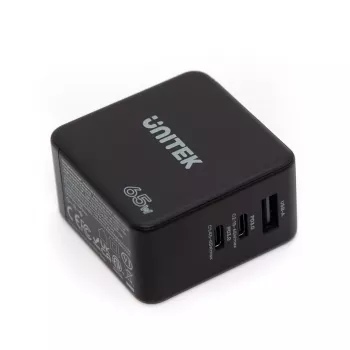 Unitek P1117B USB-C PD 65W universālais mobilais lādētājs, 2x USB-C PD + 1x USB-A, melns