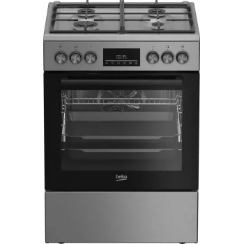 Brīvi stāvoša gāzes-elektriskā plīts BEKO FBM62330GXTN 60 cm, 4 gāzes degļu virsma, 72 L elektriskā cepeškrāsns, energoklase A