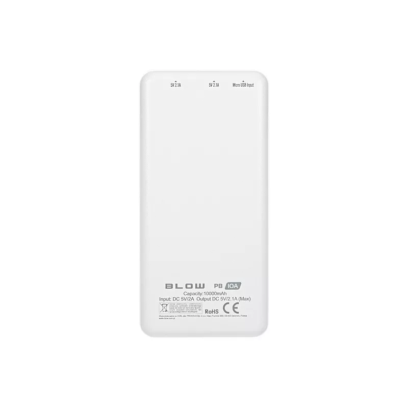 Blow PB10A jaudas banka 10000 mAh, 2x USB (1A + 2,1A), micro USB ieeja, Li-Po, balta