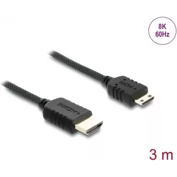 DELOCK HDMI kabelis 3 m — A tipa (tēviņš) uz C tipa (Mini) (tēviņš), 48 Gbit/s, līdz 7680×4320, apzeltīti kontakti, melns