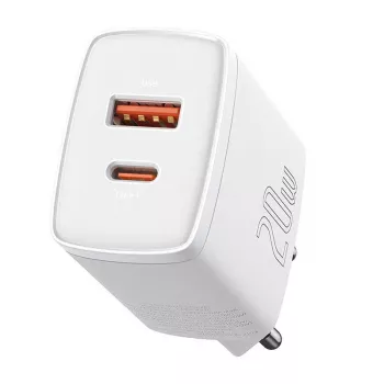 Sienas lādētājs Baseus Compact 1x USB-A + 1x USB-C 3A, kompakts ceļojumu adapteris