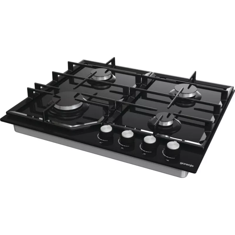 Gāzes plīts virsma Gorenje GT641KB, iebūvējama 60 cm, 4 gāzes zonas, rūdīts stikls, čuguna režģi, rotācijas pogas