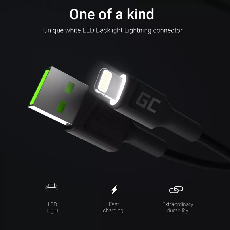 Lightning–USB A kabelis Green Cell KABGC12, 2 m, melns