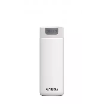 Termokrūze Kambukka Olympus 500 ml — 18/10 nerūsējošais tērauds, vakuumizolācija, šļakatu necaurlaidīga, neslīdoša pamatne, balta
