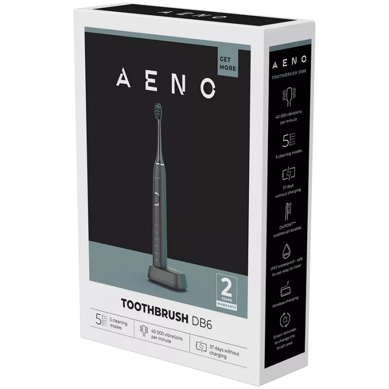 AENO Sonic Electric Toothbrush DB6 Melna: 5 režīmi, bezvadu uzlāde, 46000 apgr./min, 40 dienas bez uzlādes, IPX7