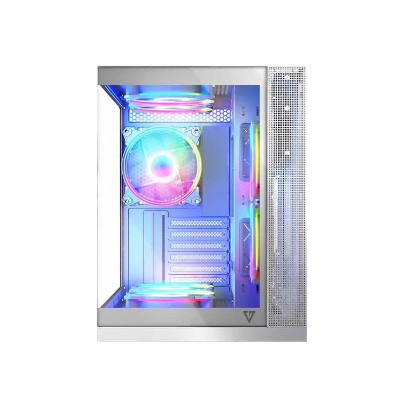 PC korpuss MODECOM Volcano Panorama Midi Tower balts — micro ATX, rūdīts stikls, ARGB, USB-C, atbalsta GPU līdz 400 mm