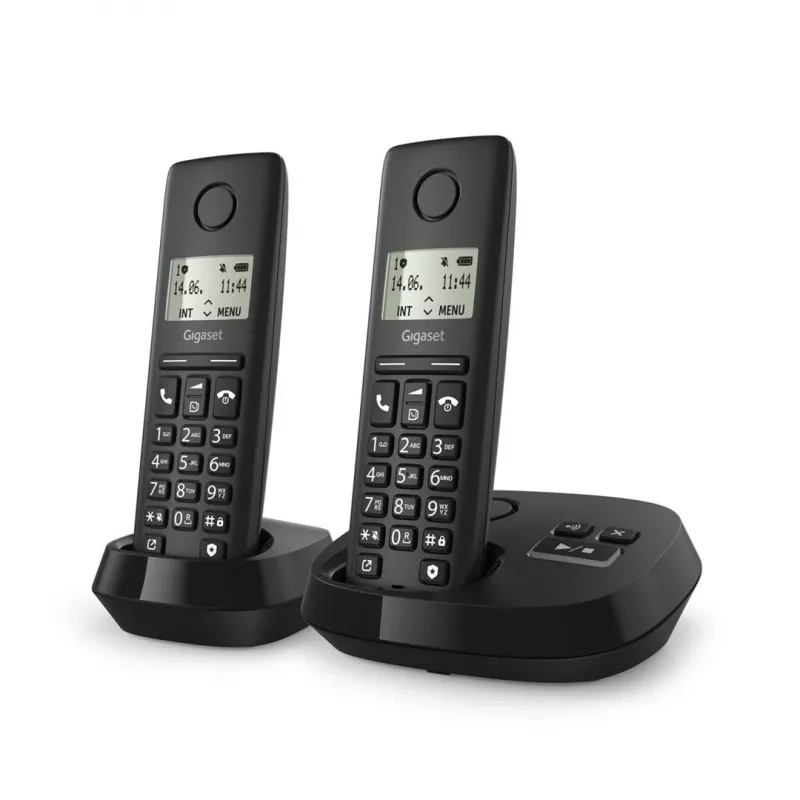 Bezvadu analogais/DECT telefons Gigaset PURE 100A Duo — 2 klausules, skaļrunis, zvanītāja ID, 1,5 collu ekrāns, melns