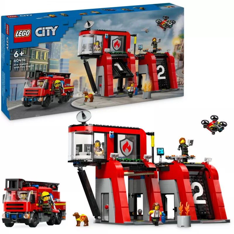 Konstruktors LEGO City Ugunsdzēsēju stacija ar pagriežamām kāpnēm 60414 — 843 gabali, 5 minifigūras