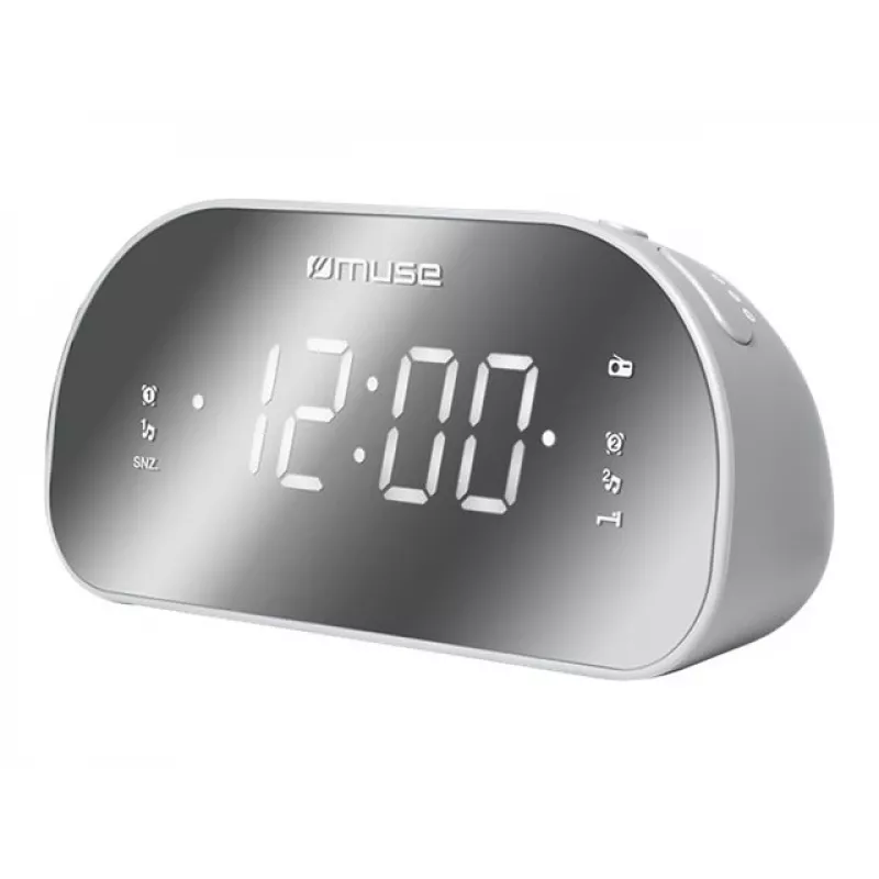 Modinātājpulkstenis Muse M-170CMR — digitālais radio pulkstenis ar 1,2 collu LED displeju, FM uztvērēju, 230V barošanu un AAA rezerves baterijām, spoguļa/baltā krāsā