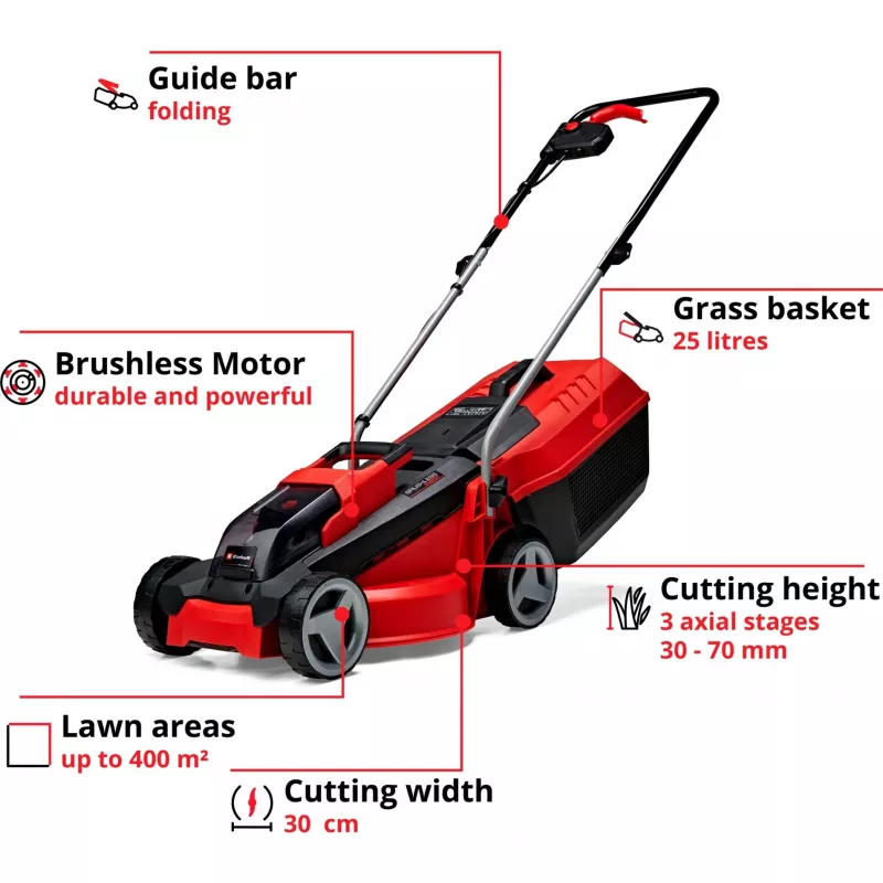 Bezvada zāles pļāvējs EINHELL GE-CM 18/30 Li — 18V, 3.0Ah, 30 cm griešanas platums, 25 L savācējs