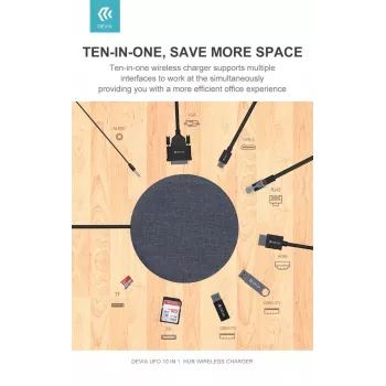 Devia UFO 10 vienā USB-C centrmezgls ar bezvadu uzlādi, pelēkā krāsā