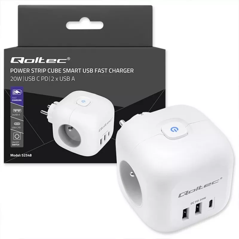Pagarinātājs QOLTEC 52548 ar 3×AC kontaktligzdām un USB portu