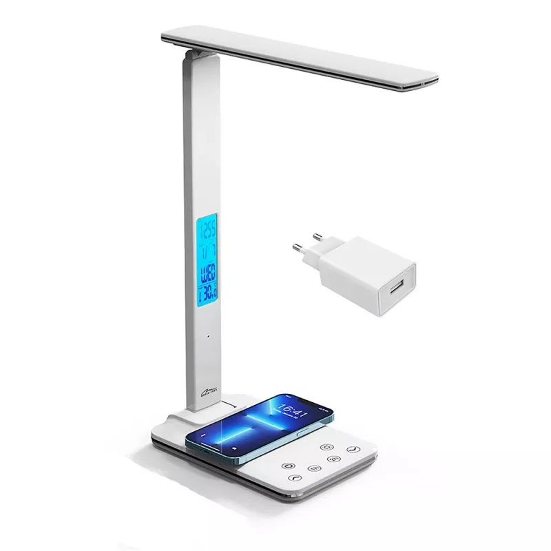 Media-Tech MT222 Leditou LED galda lampa ar 15 W Qi bezvadu uzlādi, pulksteni, modinātāju, termometru, baltā krāsā