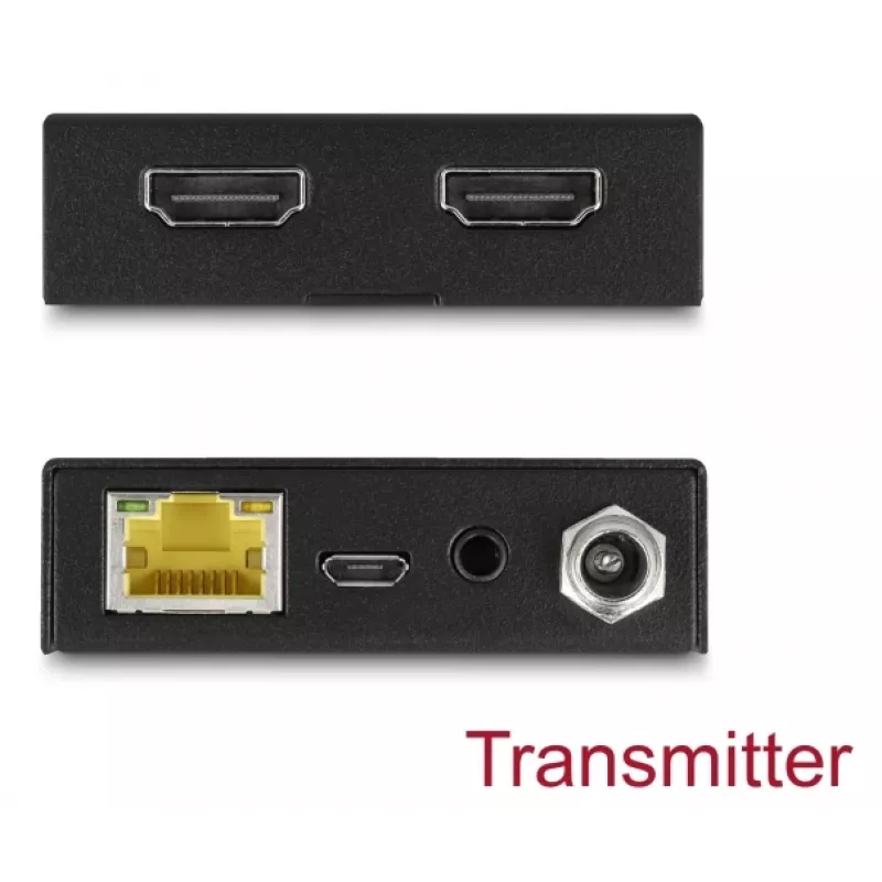 HDMI pagarinātājs DELOCK 65955 — raidītājs un uztvērējs, Cat6/Cat6a, līdz 3840×2160, vadu, Micro-USB B barošana